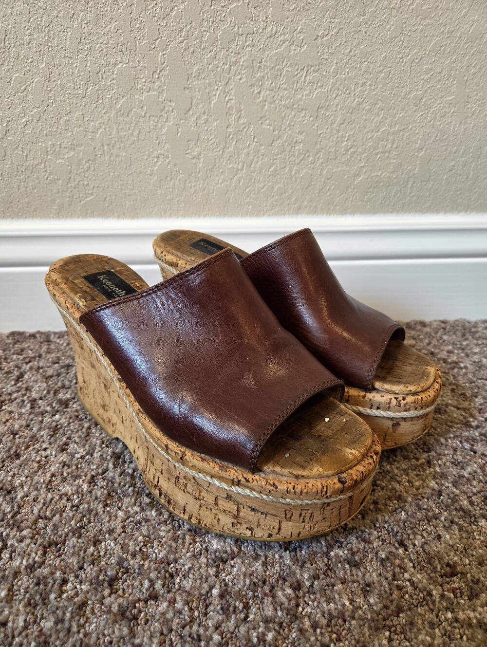 Kenneth Cole Brown Leather Cork Platform Mules - Size 8
